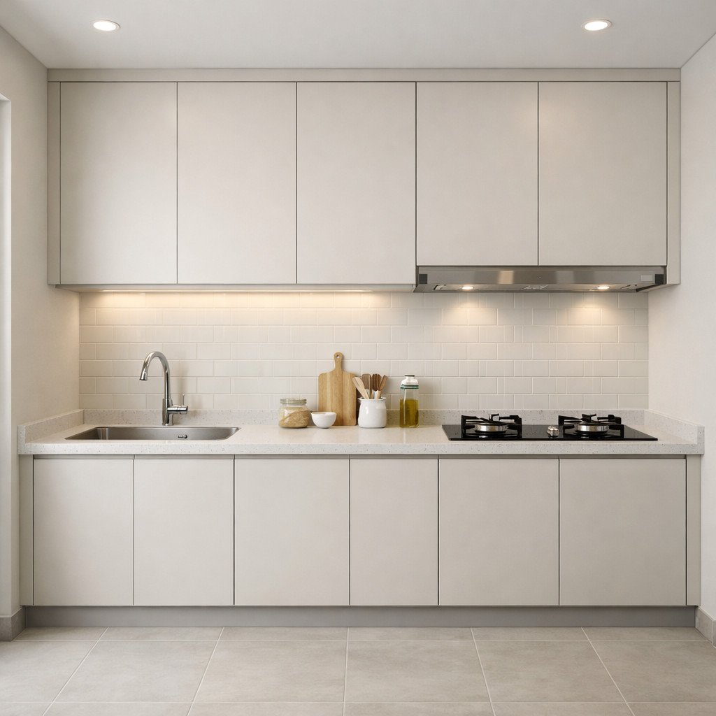 Lemari dapur minimalis linear yang simpel dan efisien untuk rumah kecil