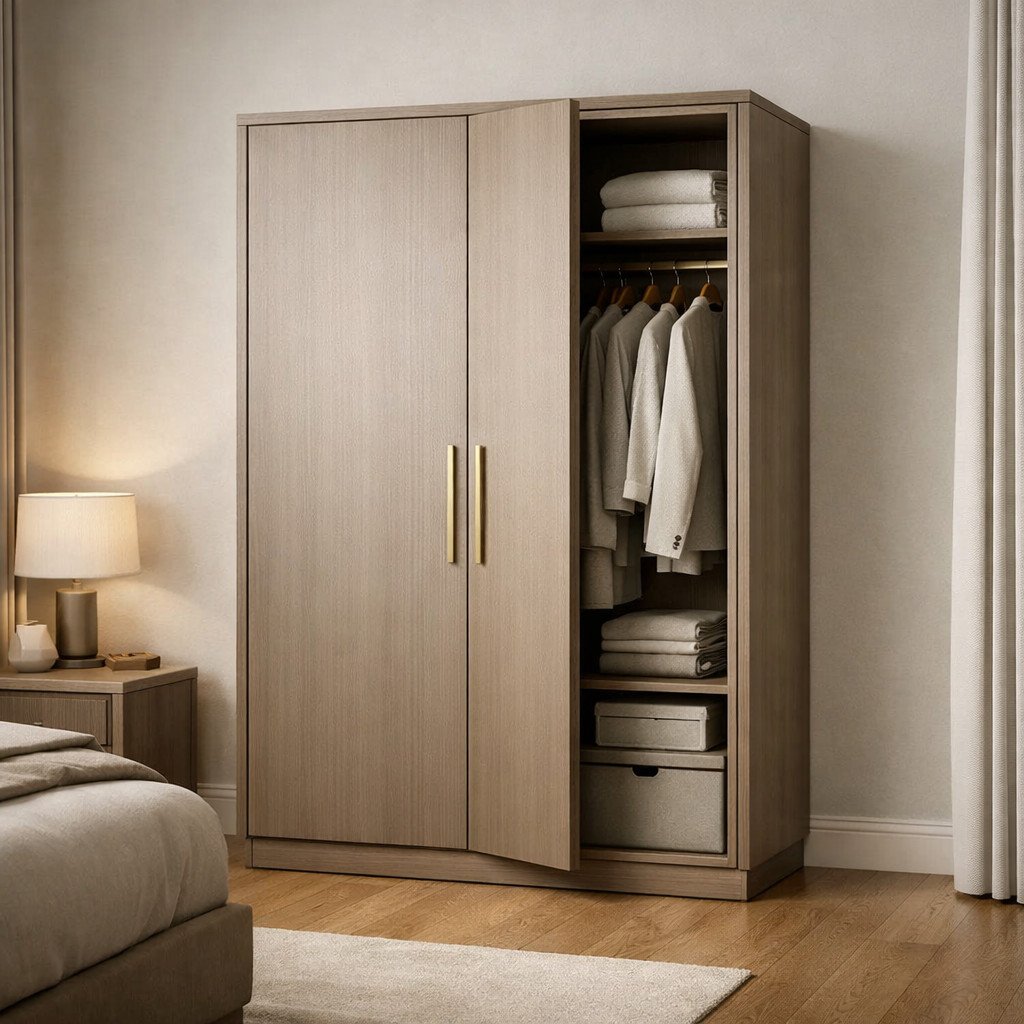 Lemari dua pintu quiet luxury dengan finishing halus dan elegan