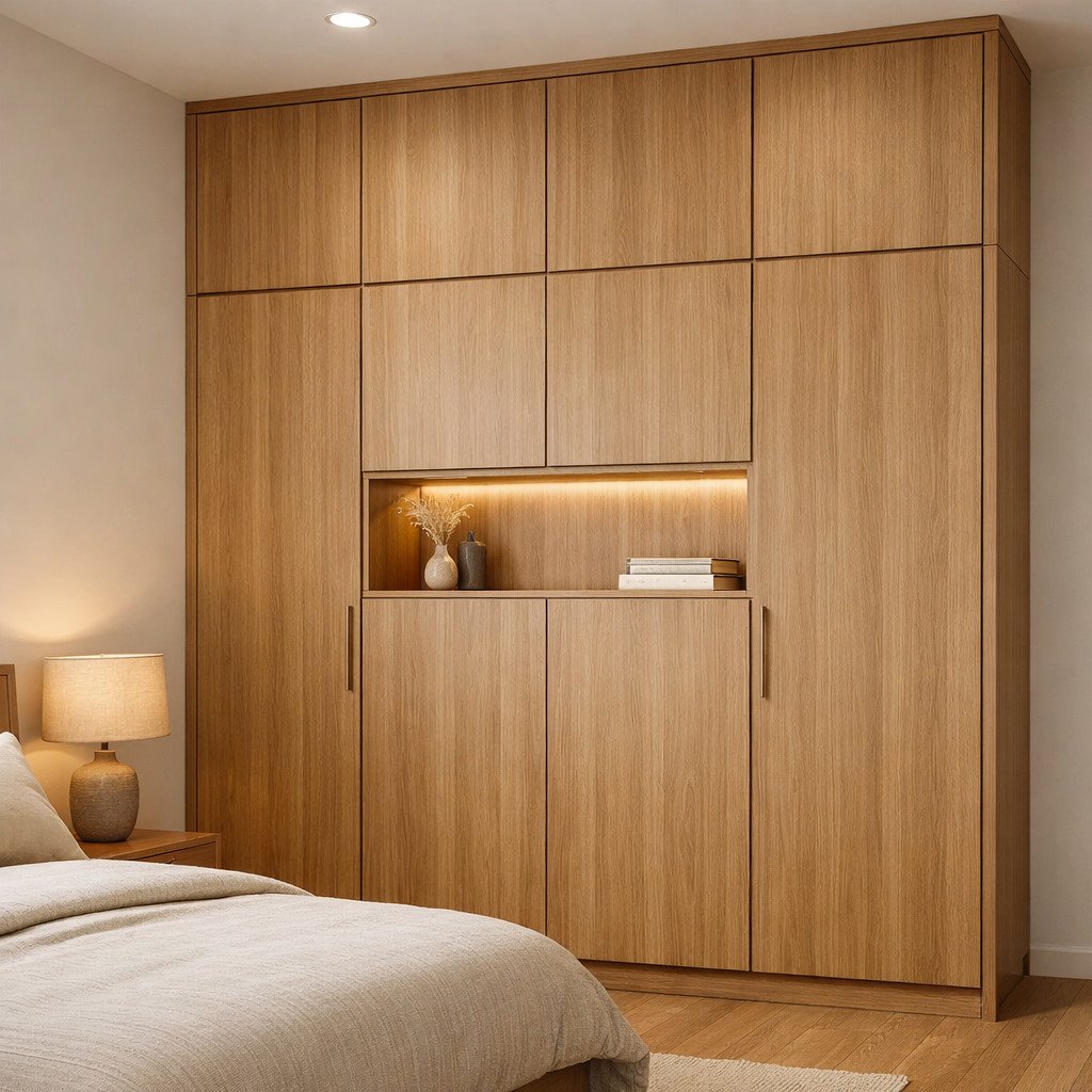 Lemari full plafon Japandi hangat dengan wood tone natural