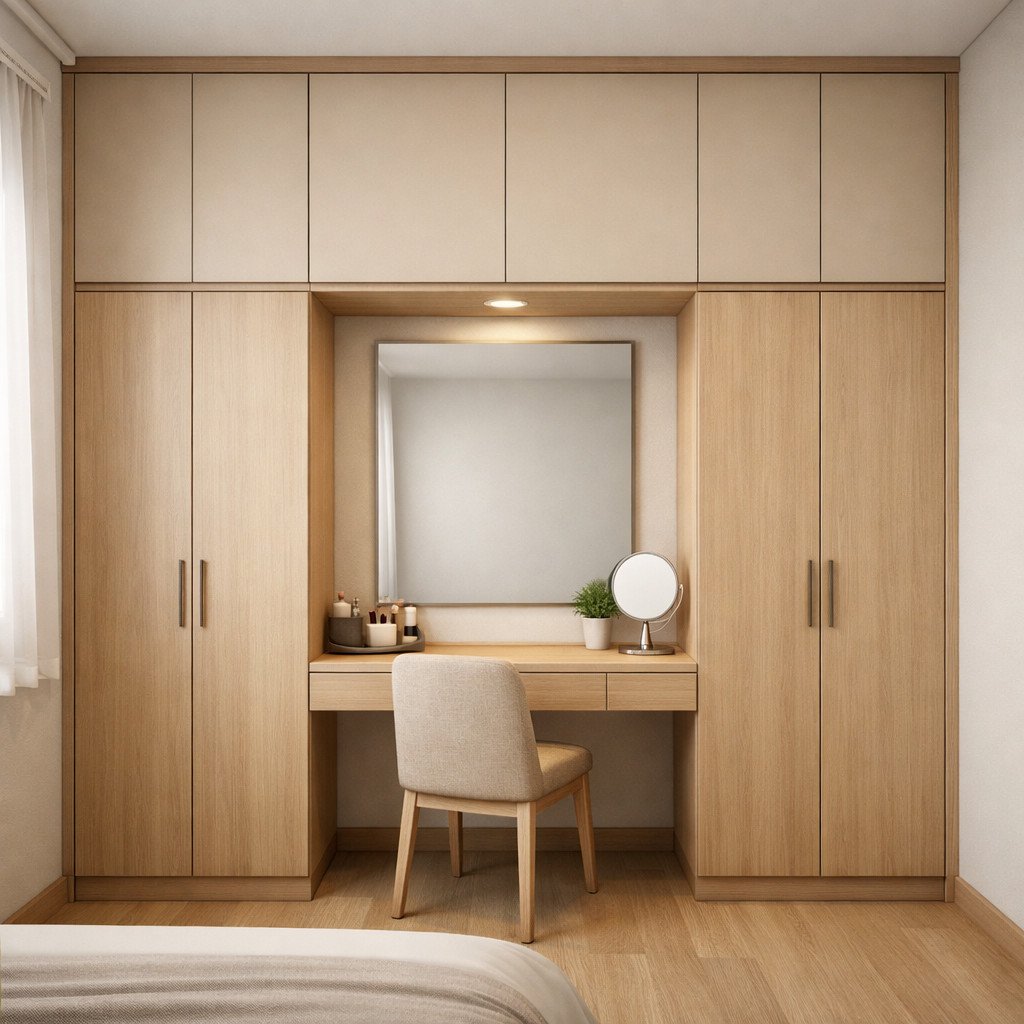 Lemari full plafon dengan meja rias menyatu yang hemat ruang