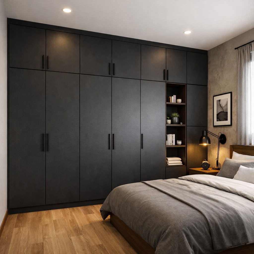 Lemari full plafon industrial modern dengan nuansa maskulin dan rapi