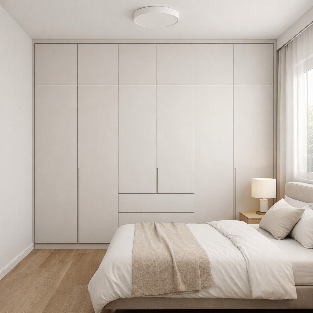 Lemari full plafon minimalis yang rapi dan menyatu dengan dinding