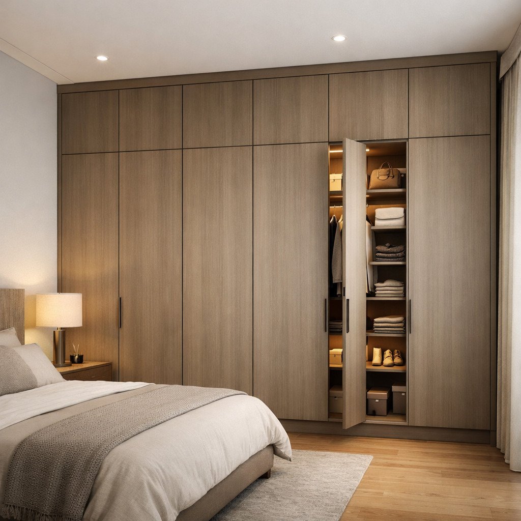 Lemari full plafon quiet luxury dengan finishing rapi dan elegan