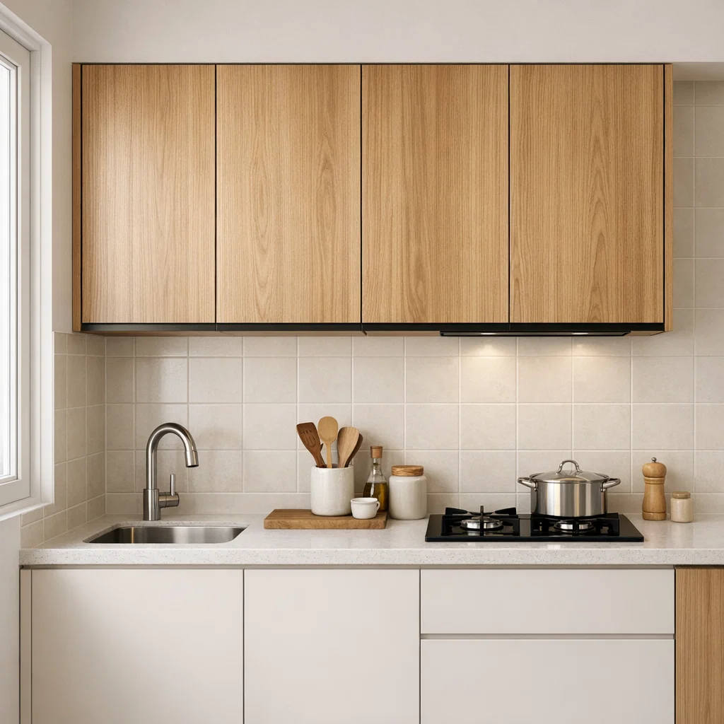 Lemari gantung aluminium dengan finishing motif kayu menghadirkan tampilan hangat seperti kayu alami, namun tetap tahan lembap dan anti rayap—pilihan ideal untuk dapur minimalis modern yang awet dan stylish