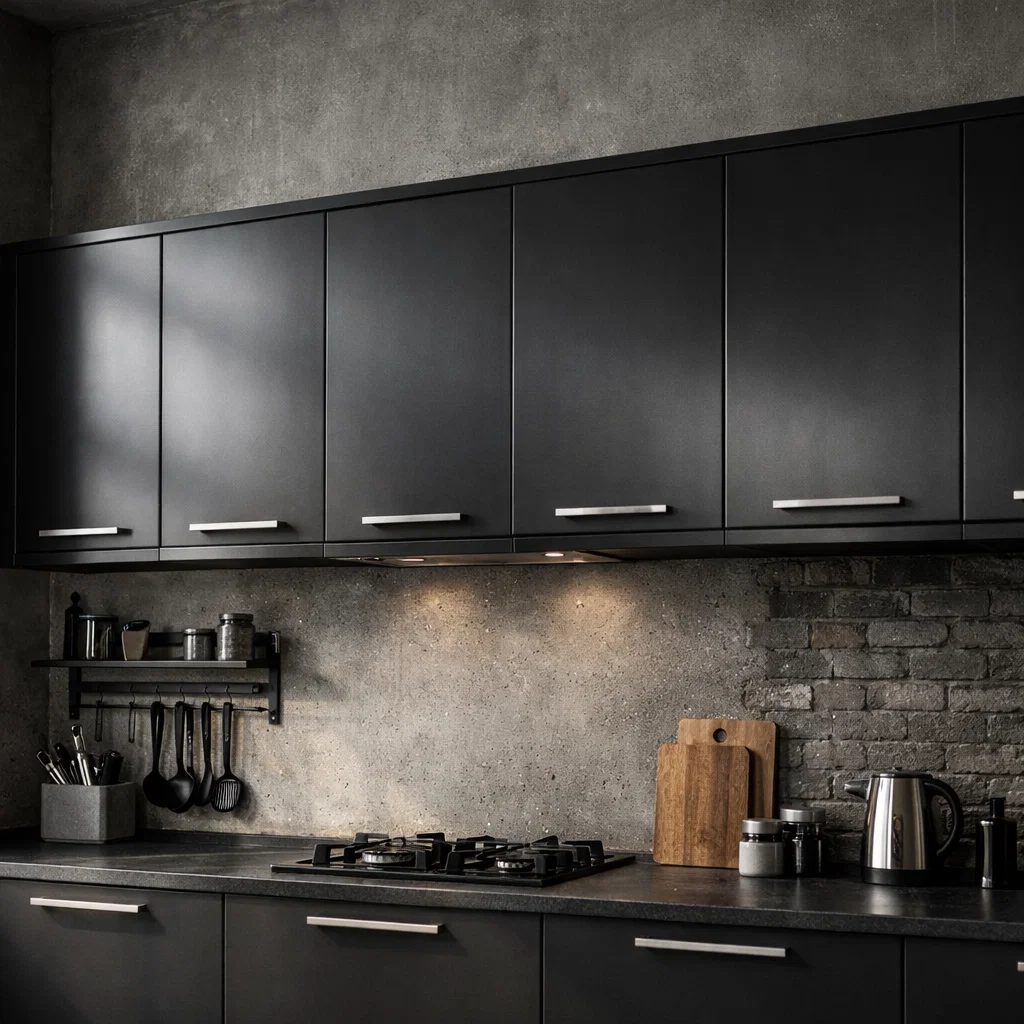 Lemari gantung aluminium hitam matte dengan gaya industrial ini menghadirkan kesan tegas dan modern, cocok untuk dapur open space yang ingin tampil lebih bold dan berkarakter