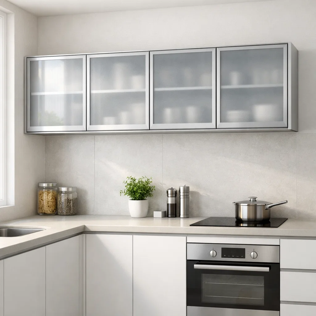 Lemari gantung dapur aluminium dengan kombinasi kaca tempered memberikan tampilan yang ringan dan elegan, sekaligus membantu dapur kecil terasa lebih luas dan modern