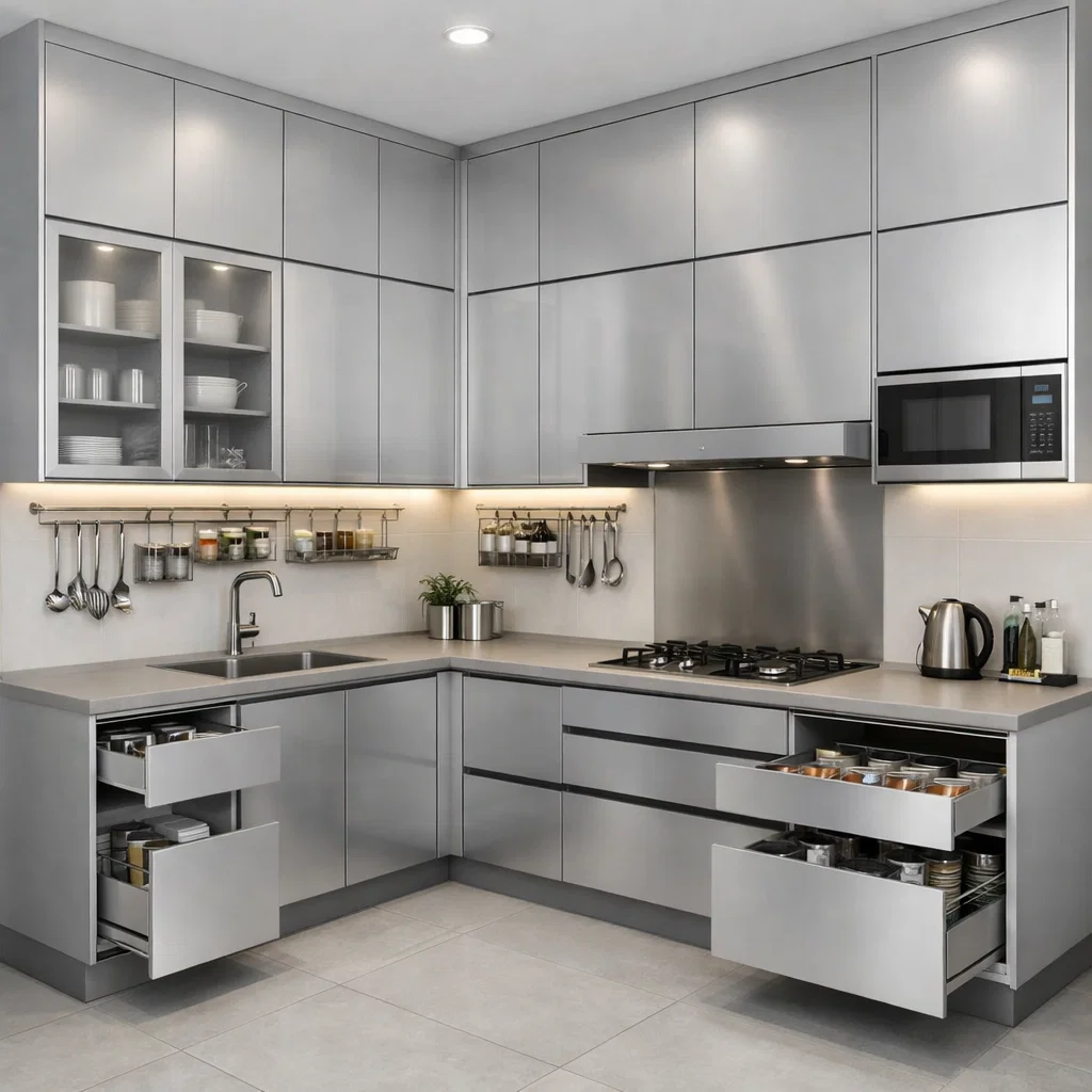 Lemari gantung dapur aluminium model modular ini menghadirkan tampilan rapi dan profesional dengan sistem penyimpanan maksimal hingga plafon—solusi ideal untuk dapur modern yang fungsional dan terorganisir