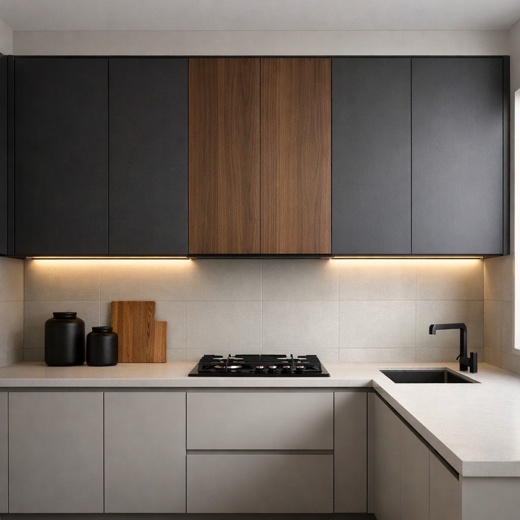 Lemari gantung dapur dengan warna gelap dan tekstur kayu menghadirkan kesan dramatis dan elegan, cocok untuk kamu yang ingin dapur tampil lebih berkarakter tanpa terlihat mudah kotor
