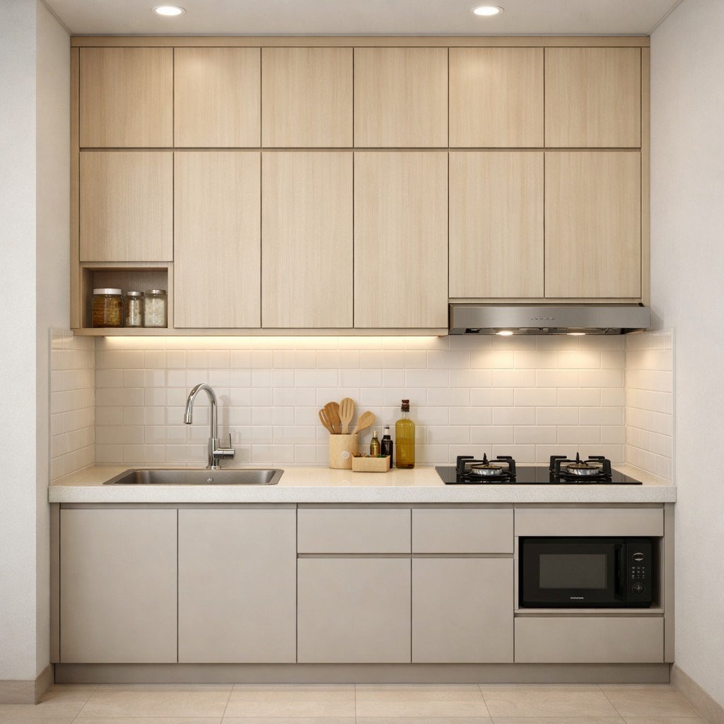 Lemari gantung dapur hingga plafon agar penyimpanan lebih maksimal