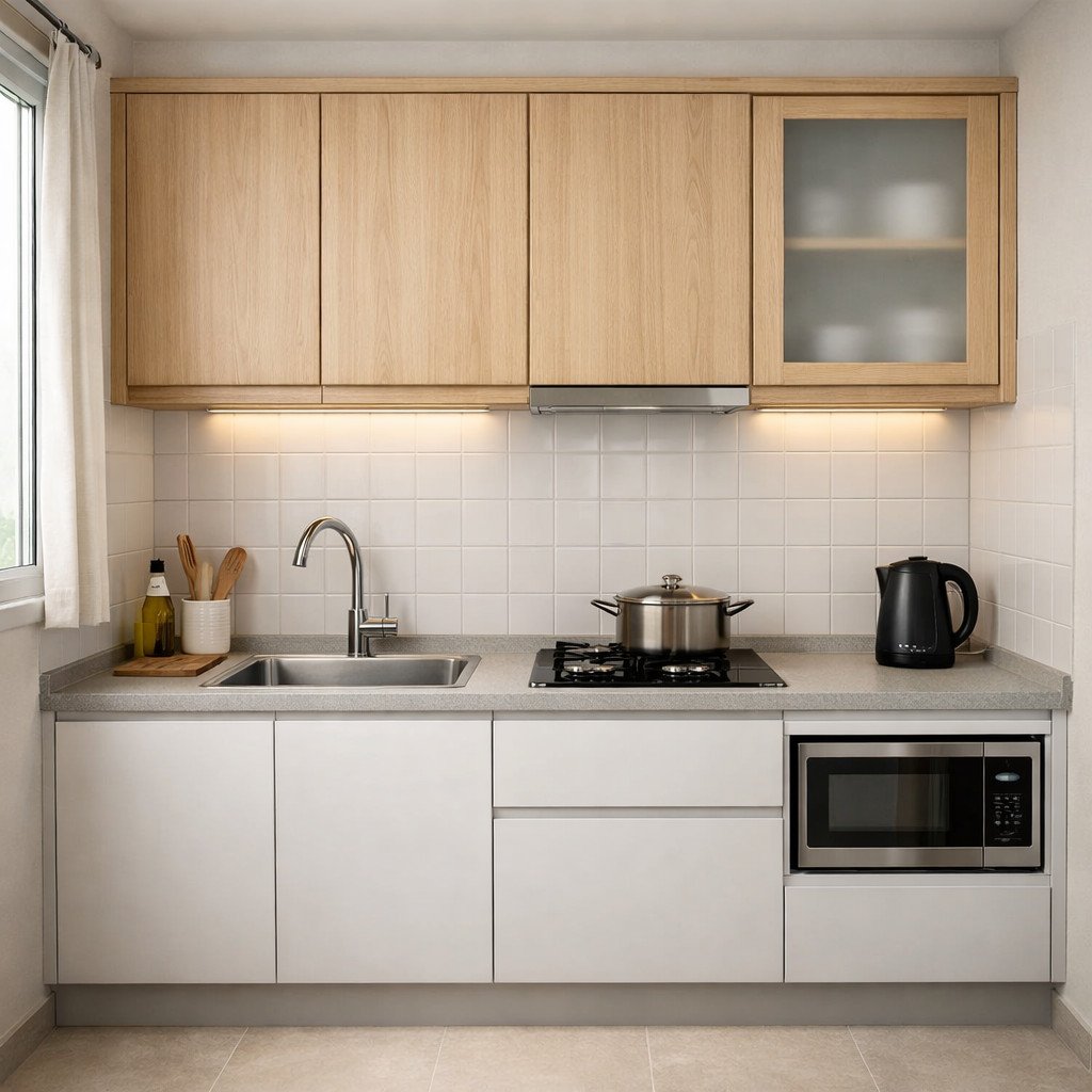 Lemari gantung dapur kayu terang yang hangat dan simpel