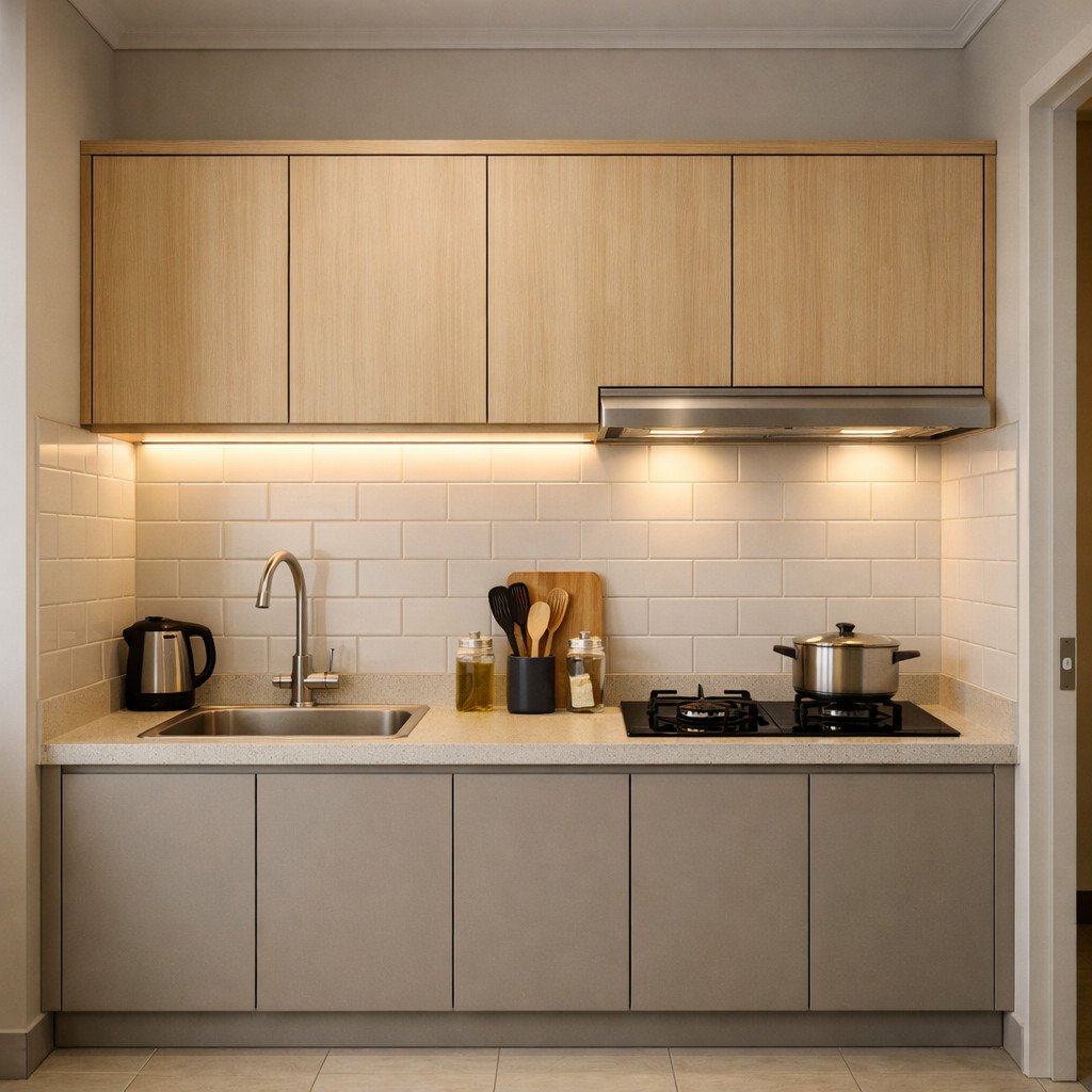 Lemari gantung dapur kecil dengan LED yang modern dan praktis