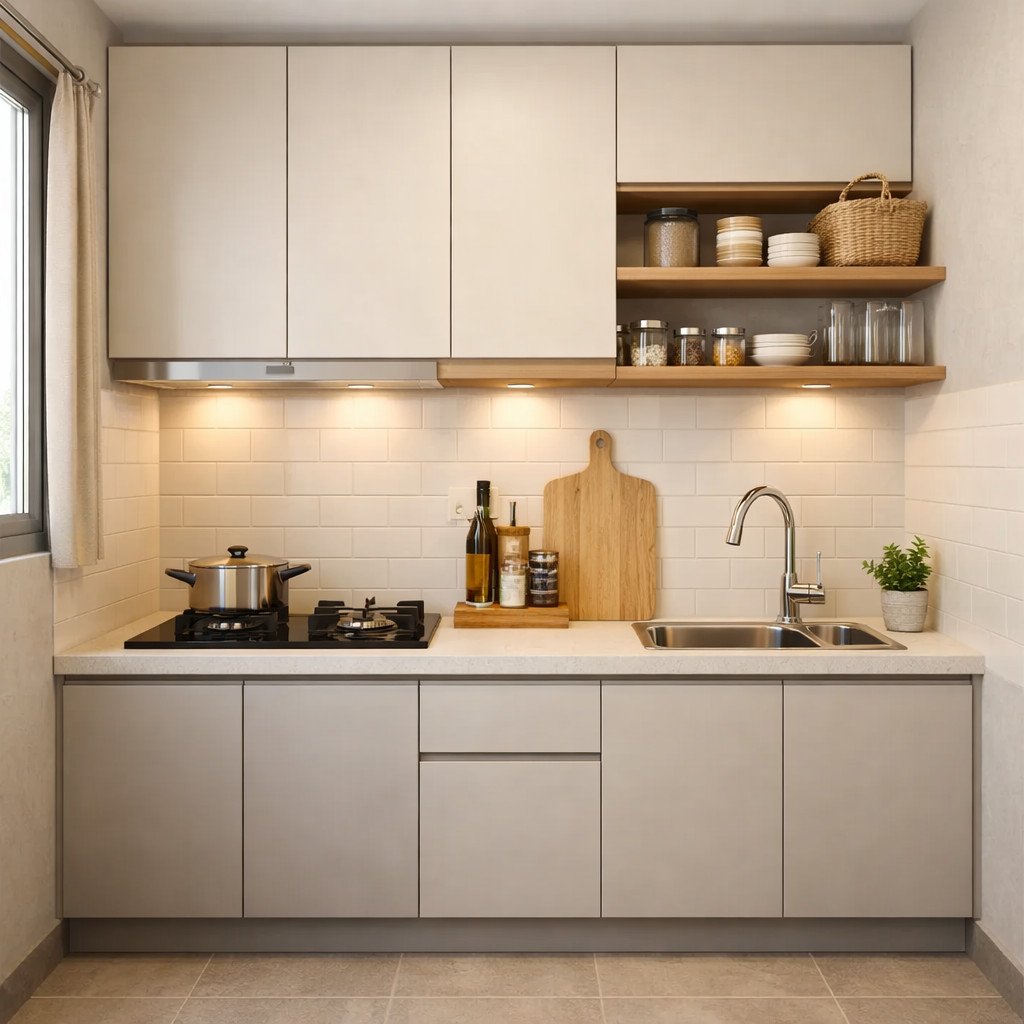 Lemari gantung dapur kecil dengan rak terbuka yang ringan dan fungsional