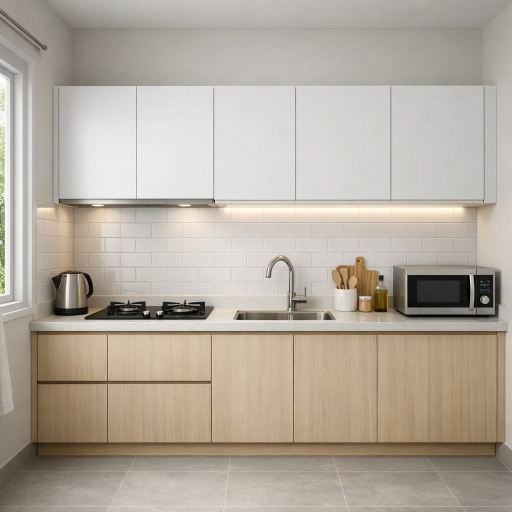 Lemari gantung dapur putih minimalis yang bersih dan terang