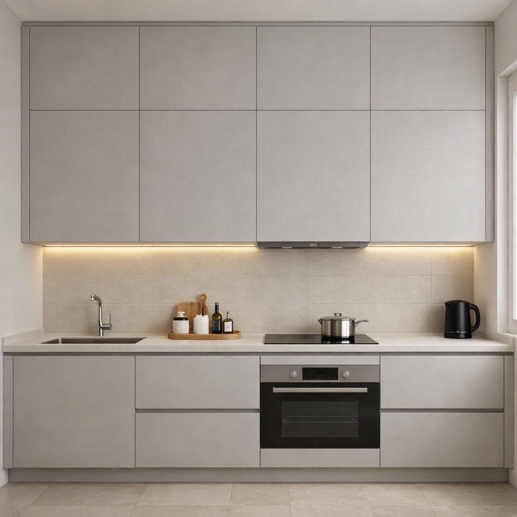 Lemari gantung dua layer hingga plafon adalah solusi cerdas untuk dapur kecil—memaksimalkan storage tanpa mengorbankan tampilan yang rapi, clean, dan terasa built-in seperti dapur premium