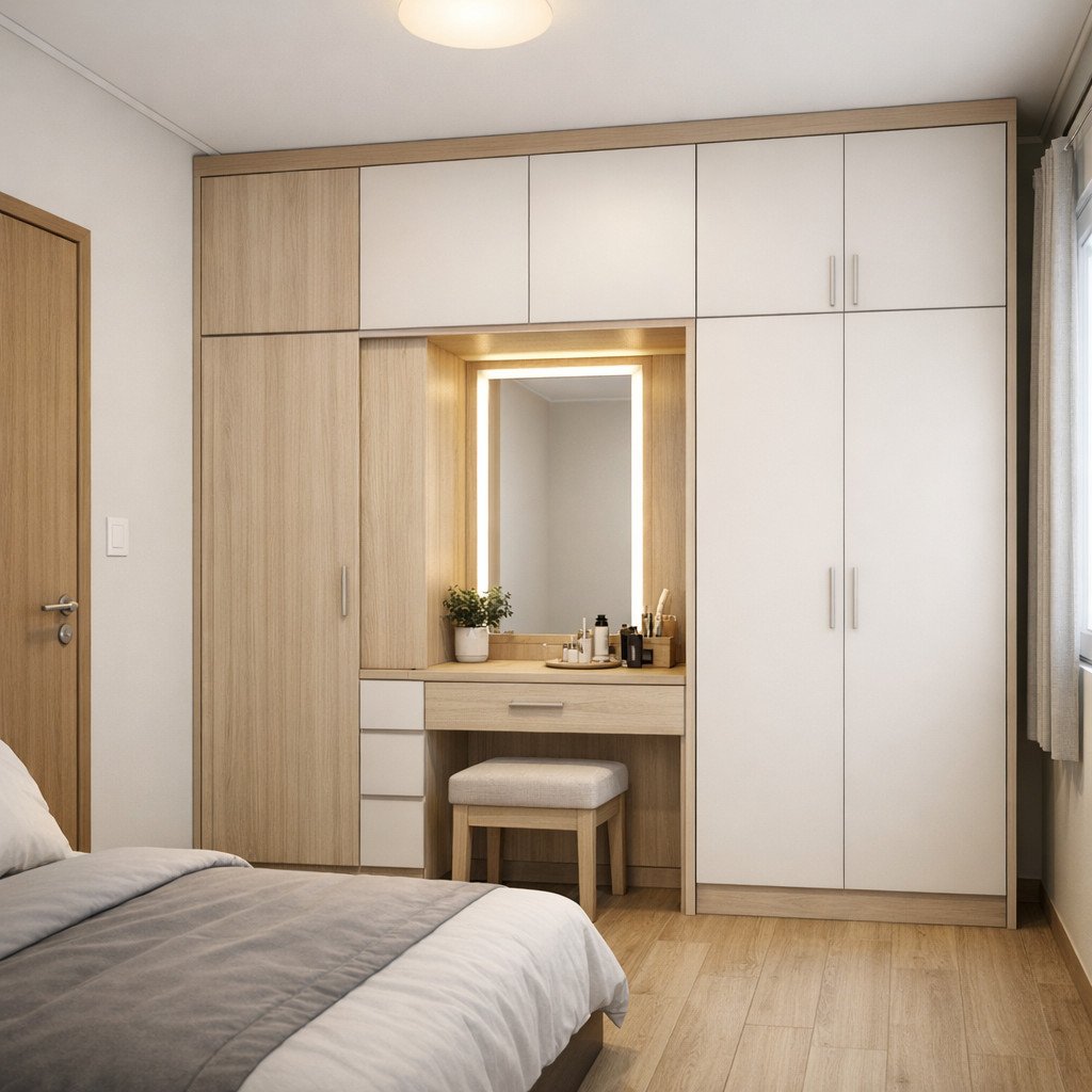 Lemari kamar dengan meja rias terintegrasi yang rapi dan hemat ruang