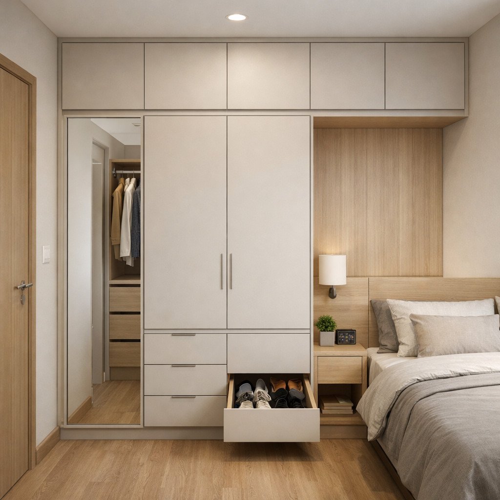 Lemari kamar multifungsi dengan penyimpanan rapi dan maksimal