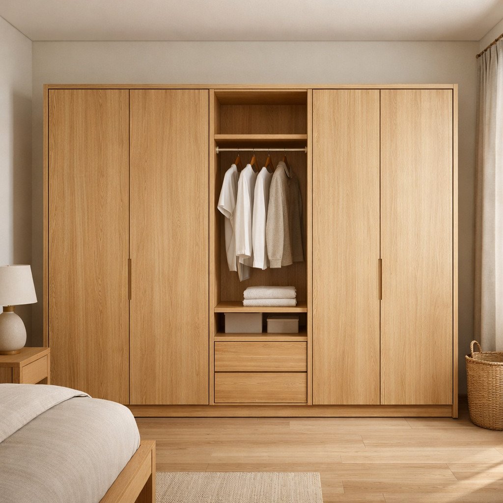 Lemari kayu Japandi dengan tampilan tenang dan minimalis natural