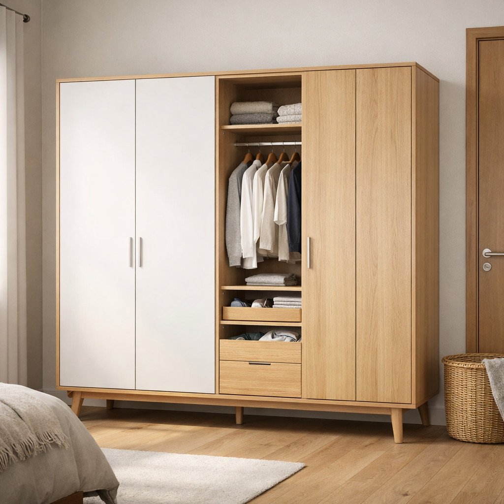 Lemari kayu Scandinavian terang yang terasa ringan dan hangat