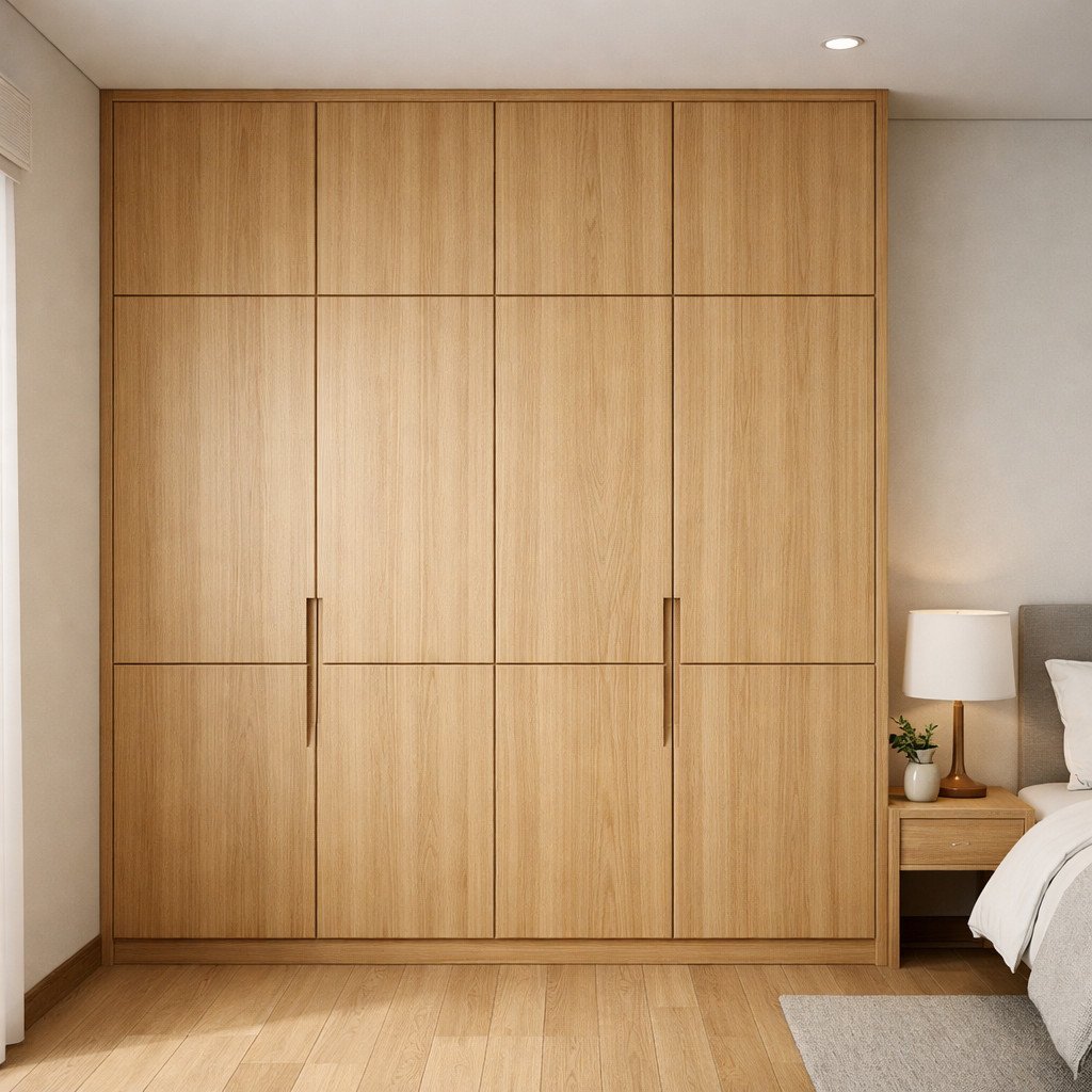 Lemari kayu built-in minimalis yang menyatu rapi dengan dinding interior