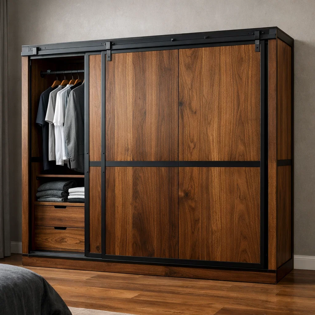 Lemari kayu industrial dengan aksen metal hitam yang tegas dan estetik