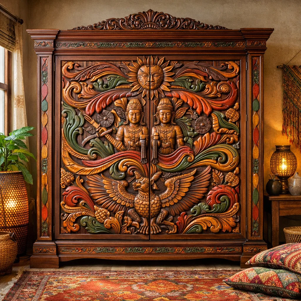 Lemari mewah jati Jepara dengan desain etnik dan bohemian yang penuh karakter.