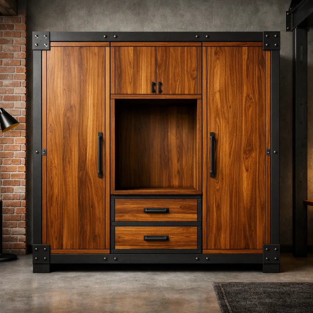 Lemari mewah jati Jepara dengan sentuhan gaya industri yang elegan dan kokoh