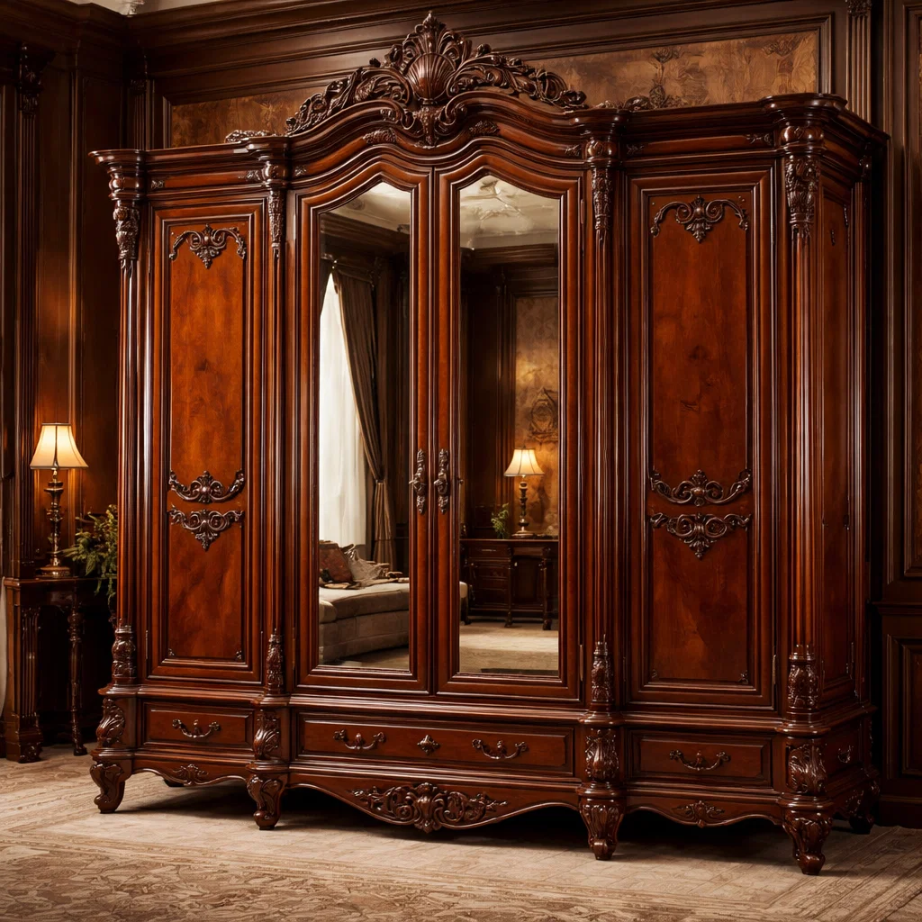 Lemari mewah jati Jepara dengan ukiran klasik, menyatu dengan keindahan kayu alami dan kemewahan yang timeless