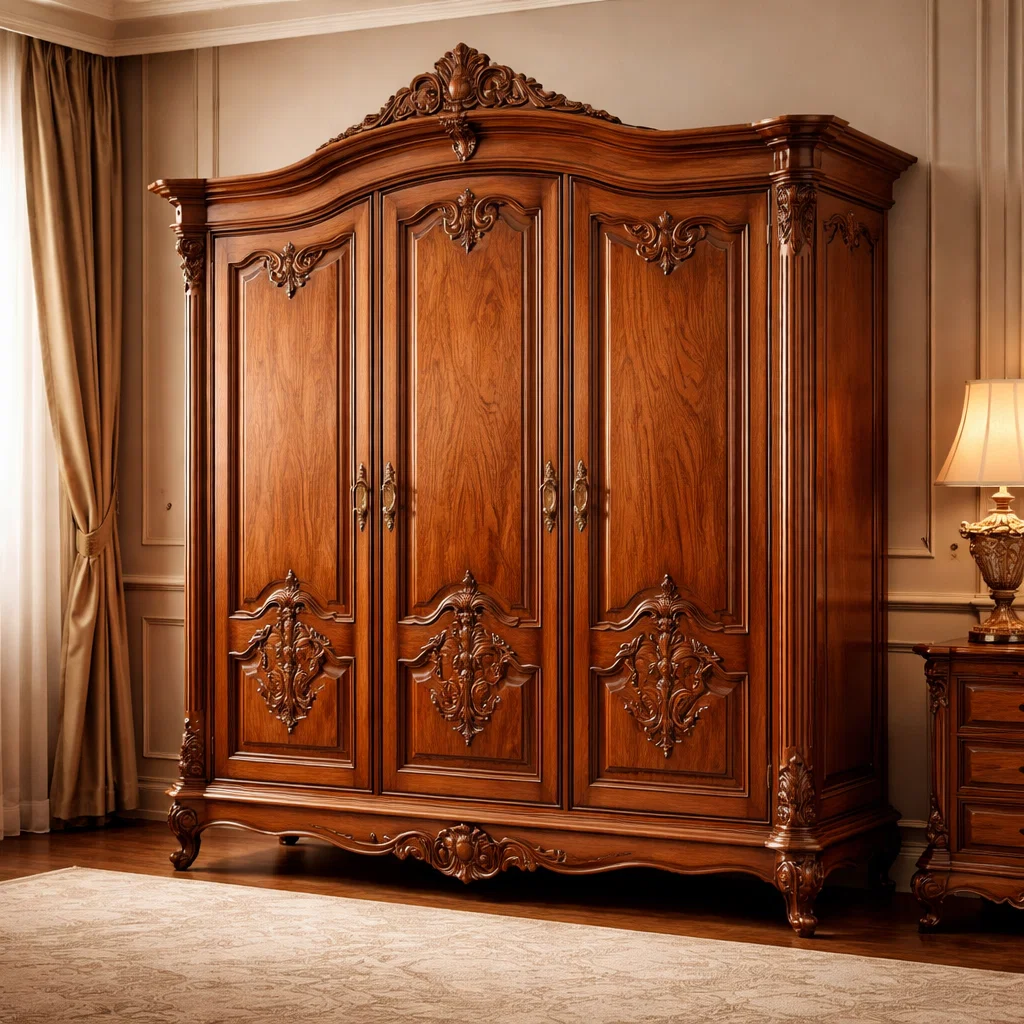 Lemari mewah jati Jepara klasik dengan ukiran halus dan warna alami kayu