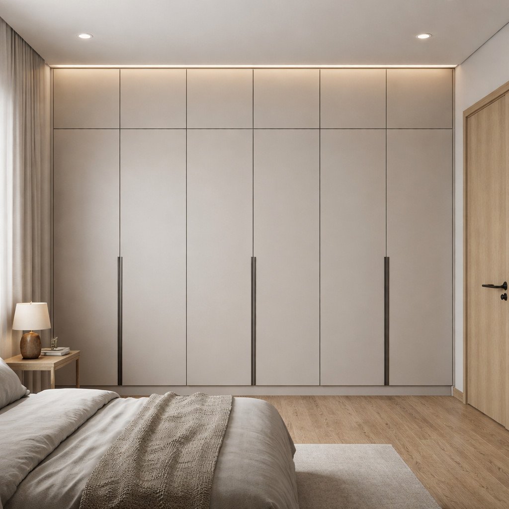 Lemari minimalis modern built-in yang rapi dan menyatu dengan kamar tidur