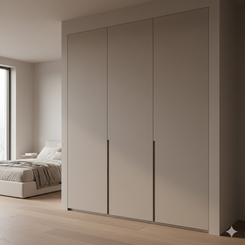 Lemari modern 3 pintu dengan desain bersih dan proporsional yang menyatu harmonis dalam kamar tidur bergaya kontemporer modern