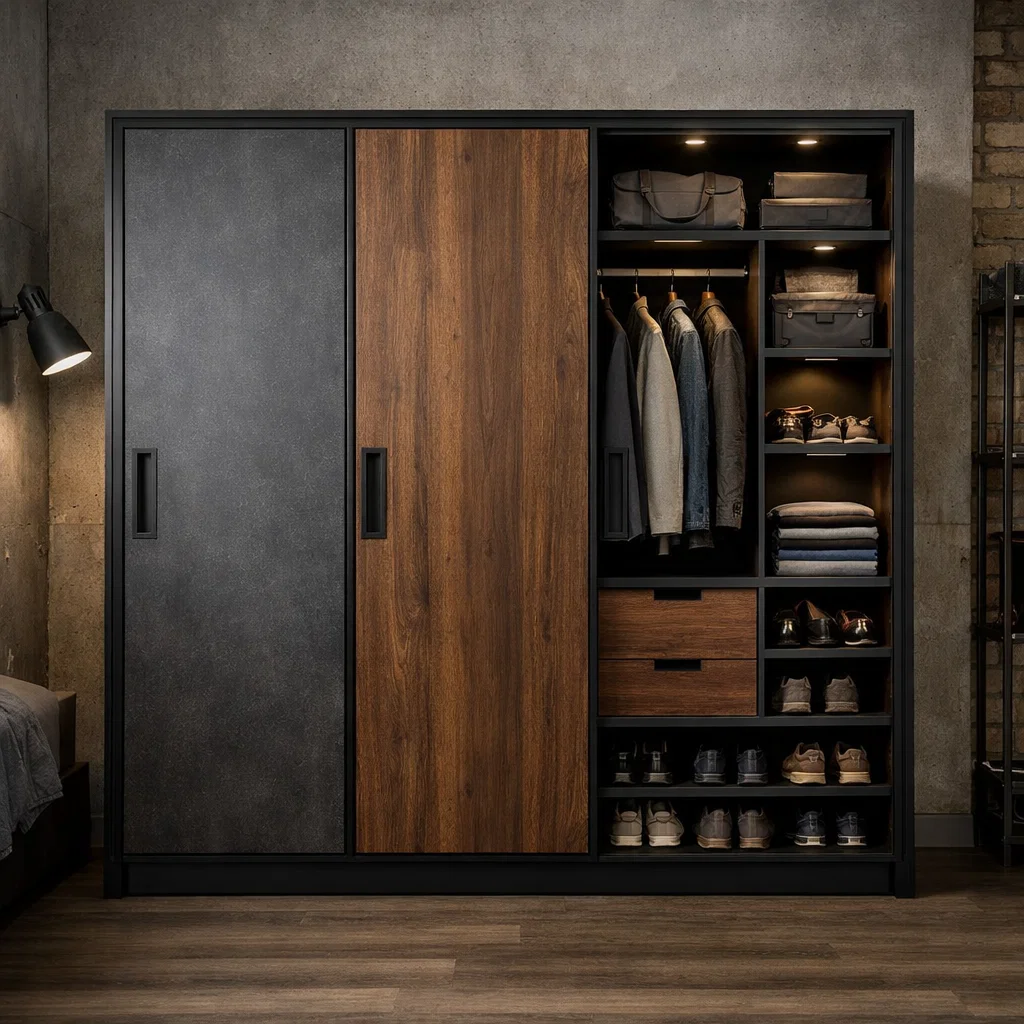 Lemari modern 3 pintu dengan desain industrial yang kokoh dan maskulin