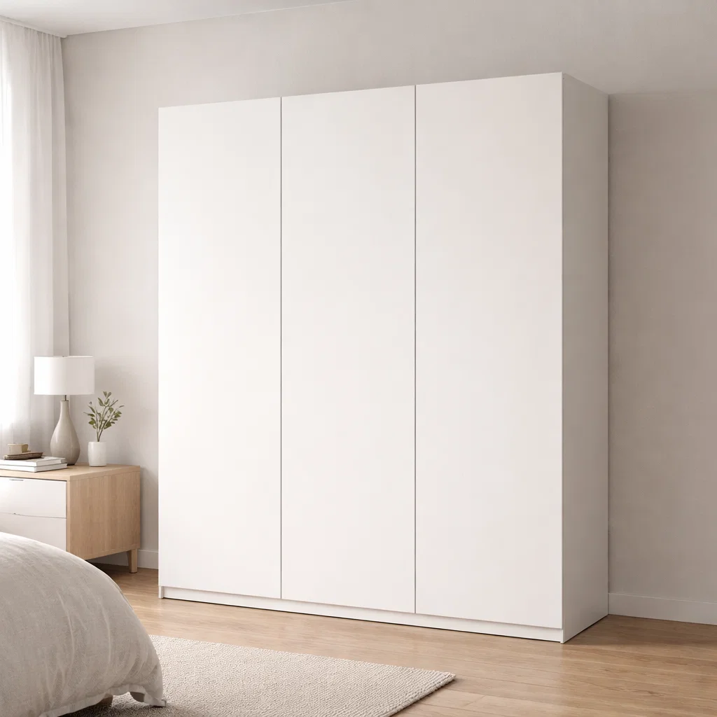 Lemari modern 3 pintu dengan desain minimalis yang rapi dan timeless