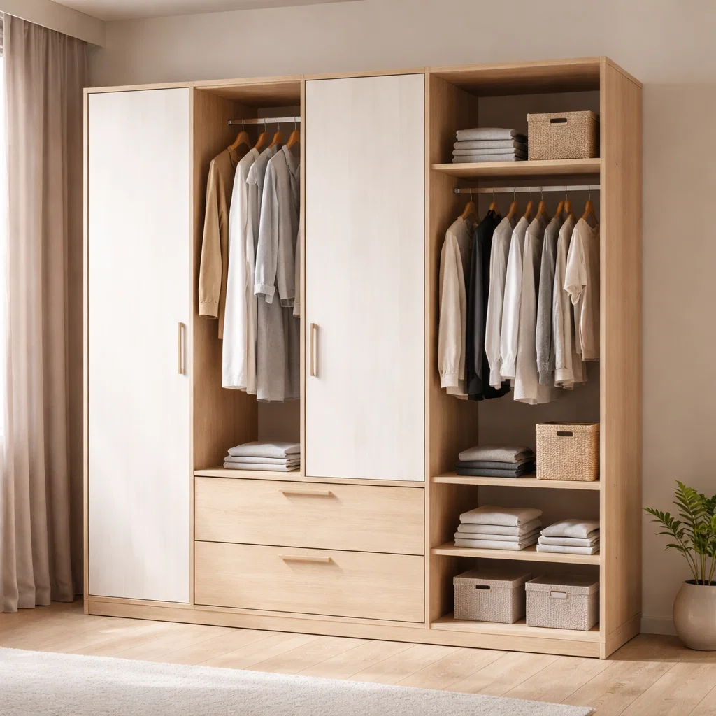 Lemari modern 3 pintu dengan nuansa kayu terang ala Skandinavia yang menenangkan