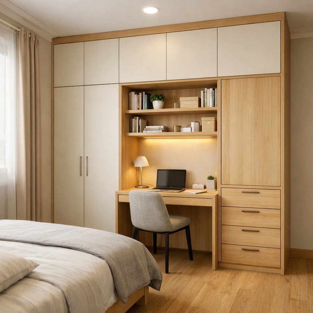 Lemari multifungsi dengan meja kerja untuk kamar sempit yang efisien