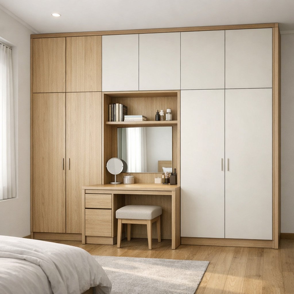 Lemari multifungsi minimalis dengan meja rias terintegrasi yang hemat ruang