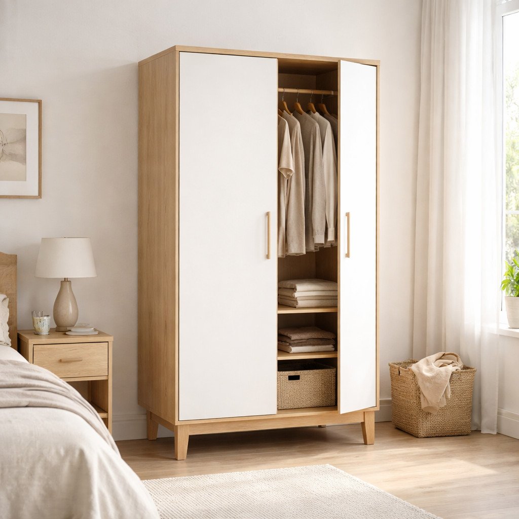 Lemari pakaian 2 pintu bergaya Scandinavian yang ringan dan hangat