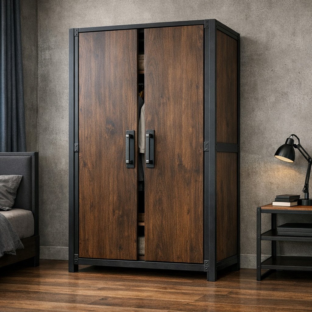 Lemari pakaian 2 pintu industrial dengan kombinasi kayu dan rangka besi