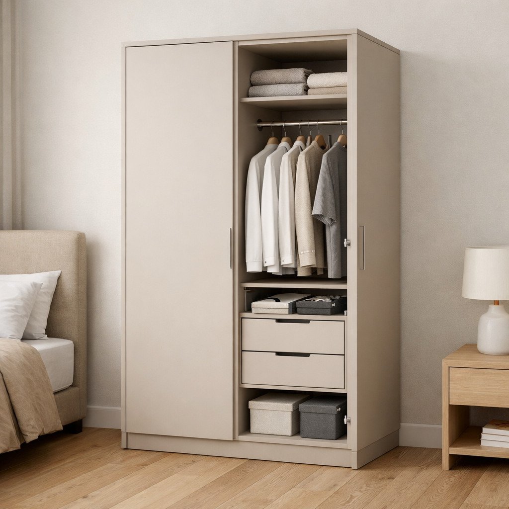 Lemari pakaian 2 pintu minimalis modern yang rapi dan fungsional