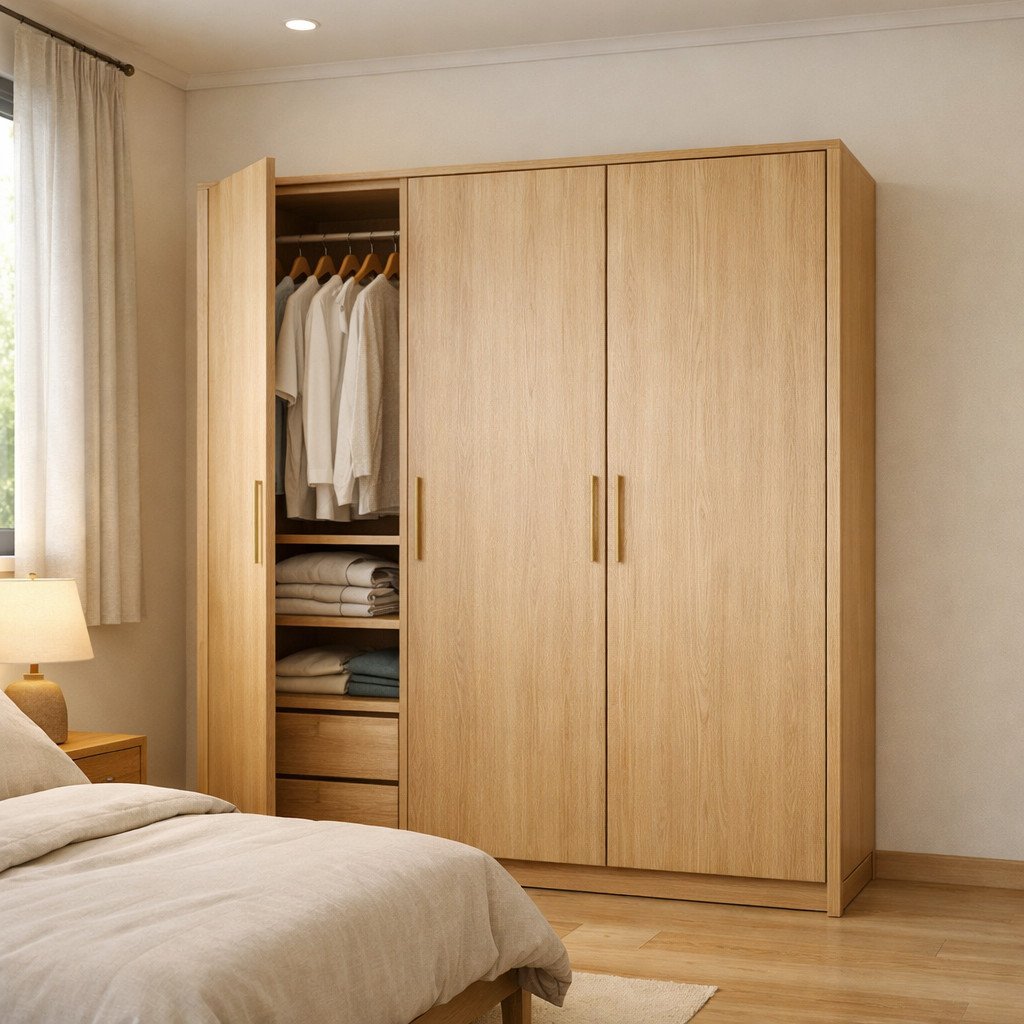 Lemari pakaian 3 pintu Japandi yang hangat dan menyatu dengan kamar