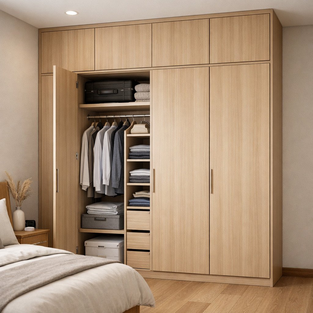 Lemari pakaian 3 pintu built-in hingga plafon untuk ruang lebih maksimal