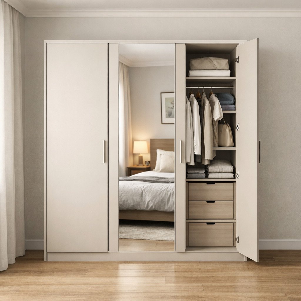 Lemari pakaian 3 pintu dengan cermin yang membuat kamar terasa luas