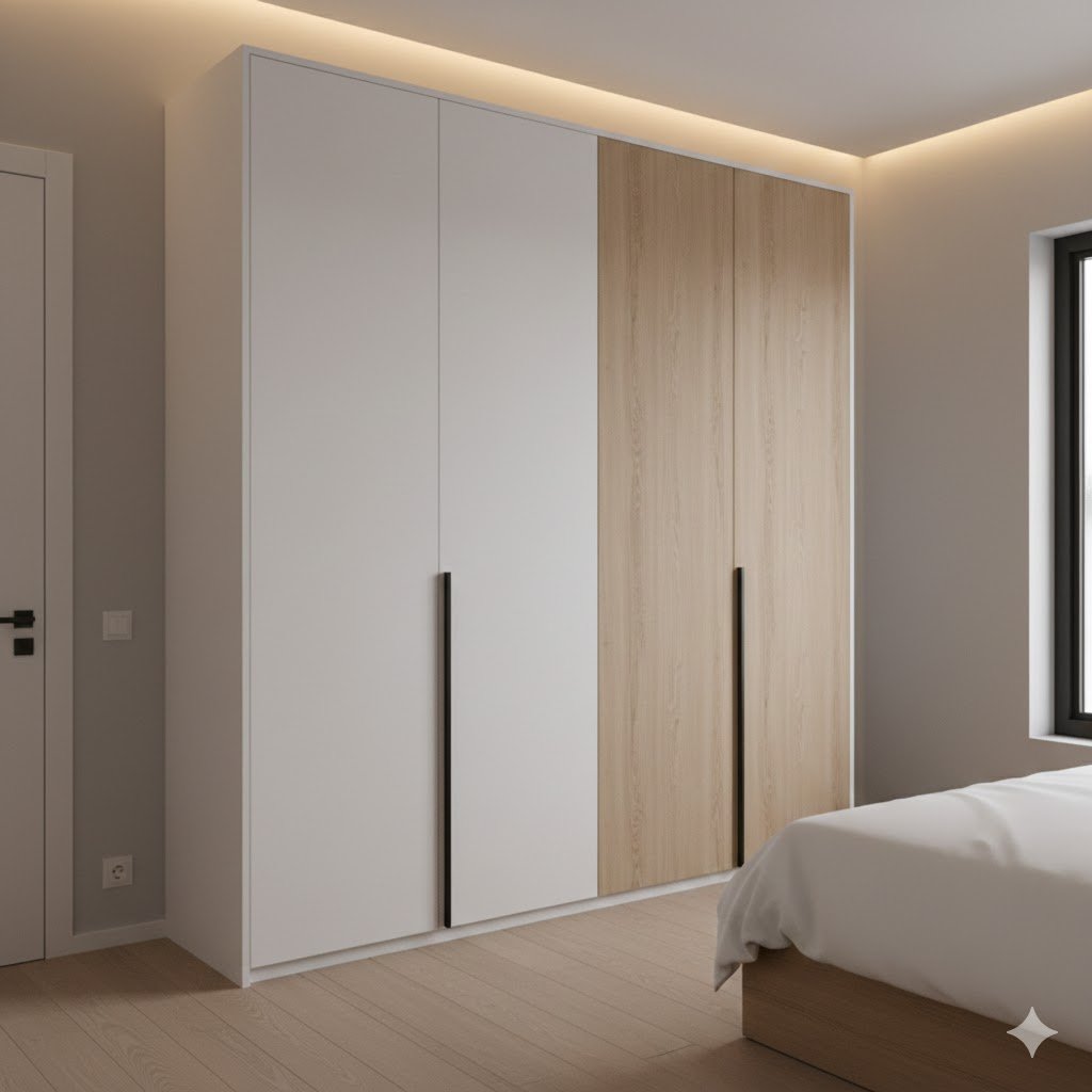 Lemari pakaian 3 pintu dengan kombinasi warna putih matte dan aksen kayu natural yang menyatu harmonis dengan kamar tidur minimalis modern