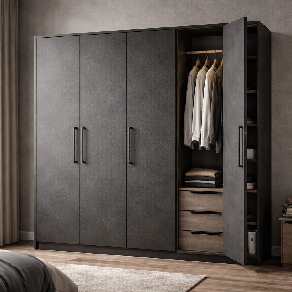 Lemari pakaian 3 pintu industrial matte dengan karakter tegas dan modern