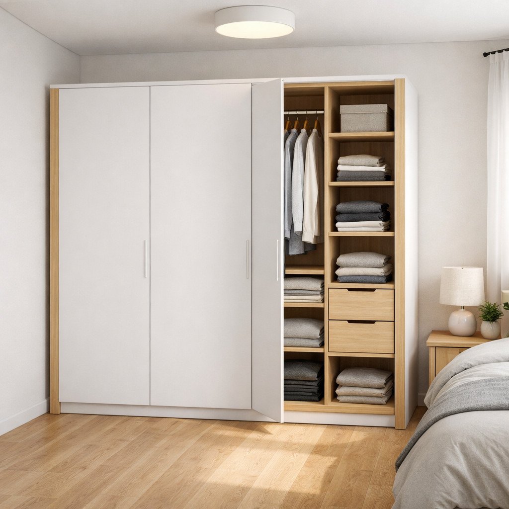 Lemari pakaian 3 pintu minimalis yang rapi dan terasa ringan