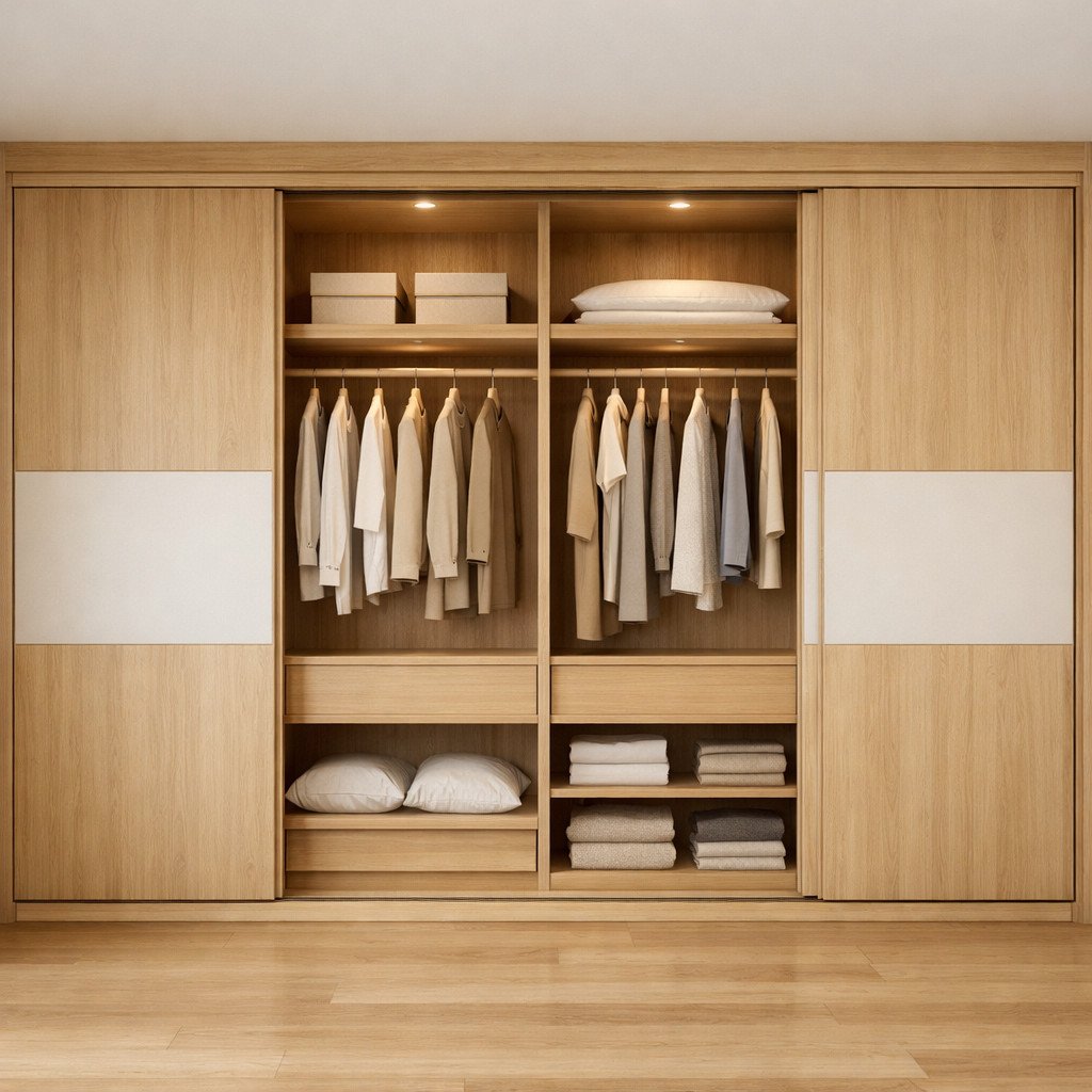 Lemari pakaian 4 pintu geser dengan desain Japandi yang hangat dan rapi