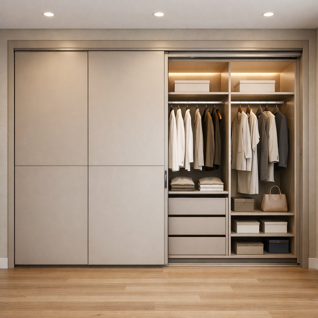 Lemari pakaian 4 pintu geser dengan desain Quiet Luxury yang elegan dan presisi tinggi