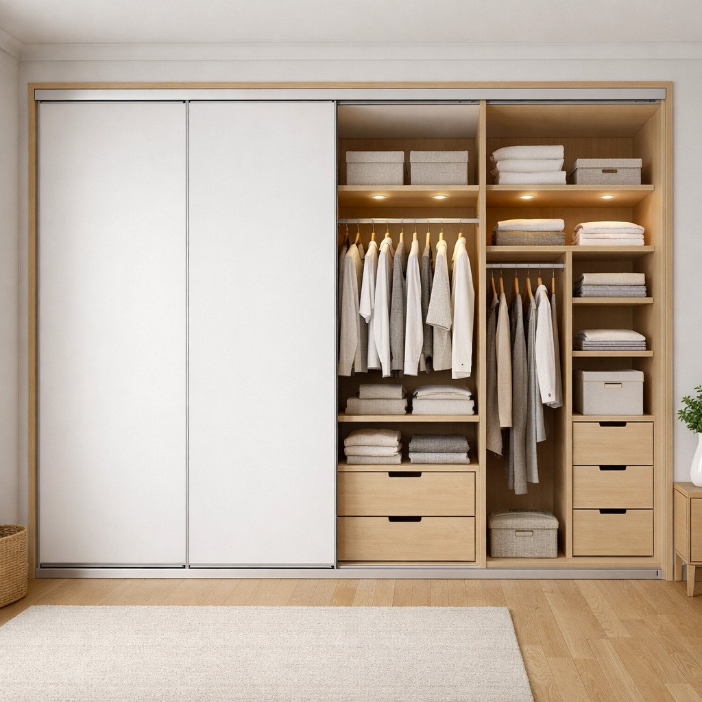 Lemari pakaian 4 pintu geser dengan desain Scandinavian yang terang dan fungsional