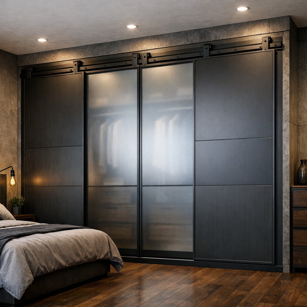 Lemari pakaian 4 pintu geser dengan desain industrial modern yang bold dan tegas