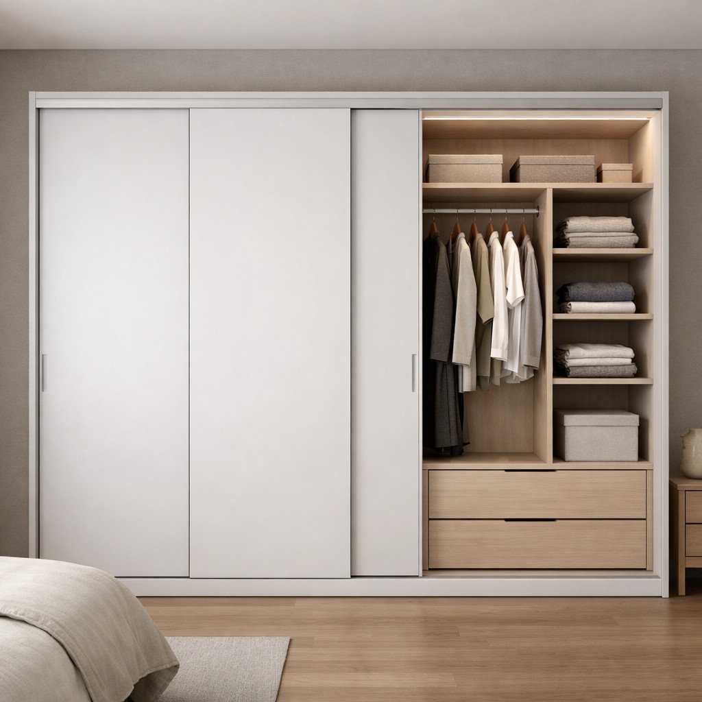 Lemari pakaian 4 pintu geser dengan desain minimalis modern yang bersih dan proporsional