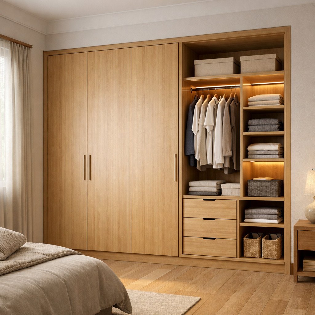 Lemari pakaian Japandi dengan kayu natural yang hangat dan rapi
